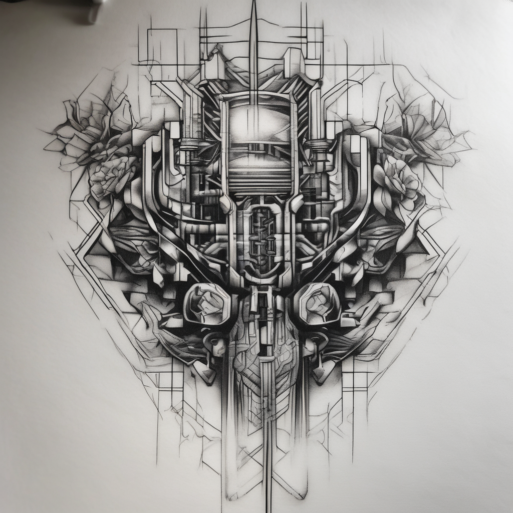bionic machine architecture electronic design rotary-machine, AI-generated Realistic tattoo design