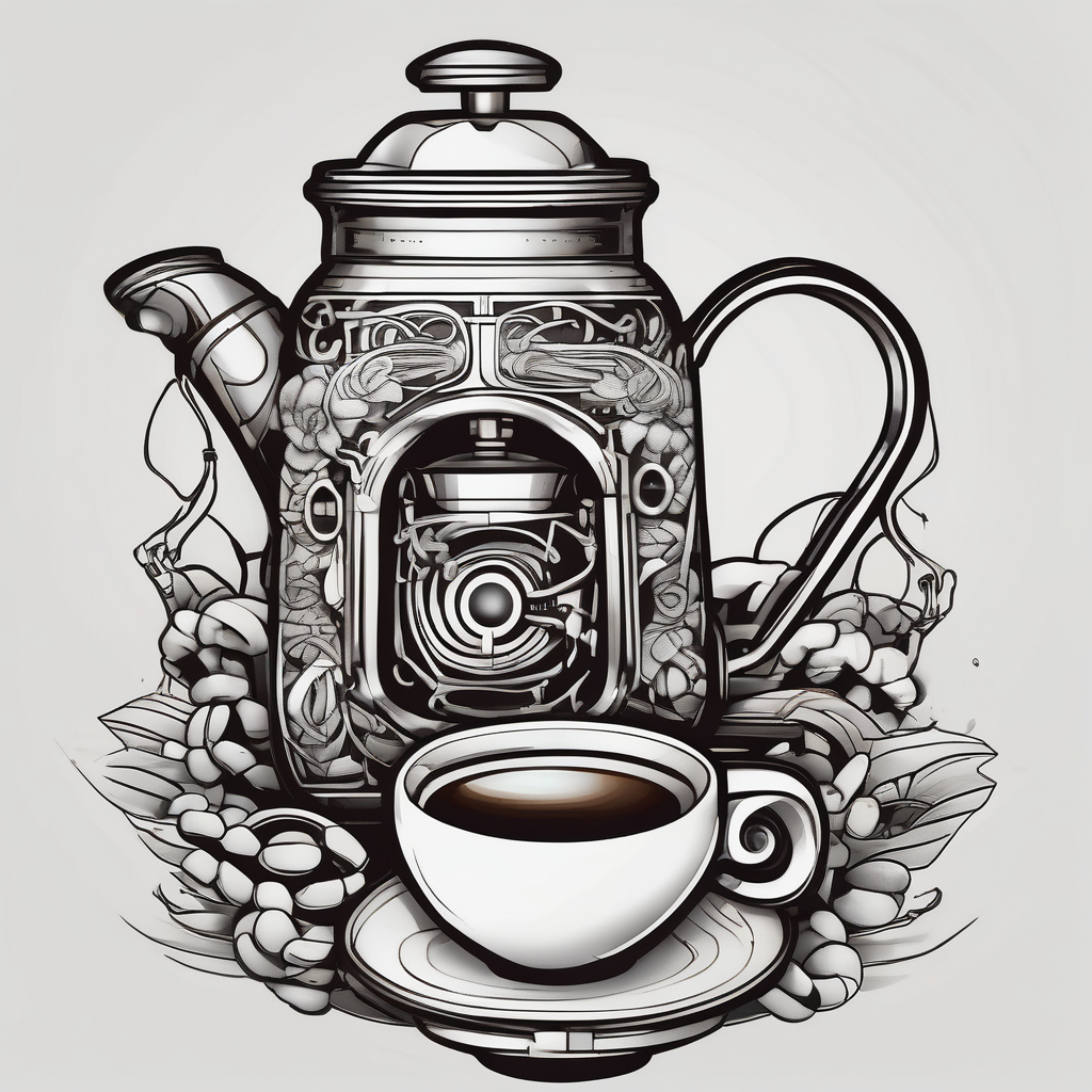 Coffee, realistic, pitcher, coffee machine, coffee beans rotary-machine, AI-generated Japanese tattoo design