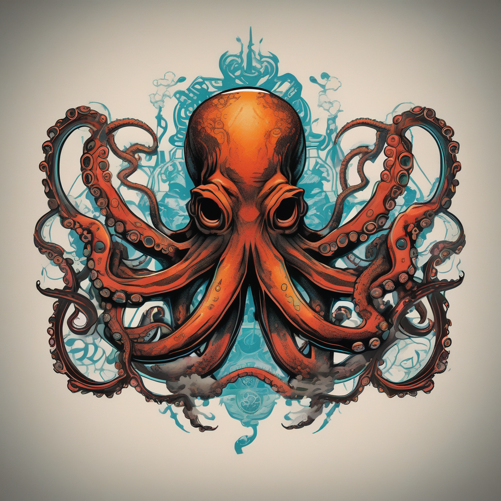 Octopus, machine, diesel engine, submarine rotary-machine, AI-generated Japanese tattoo design