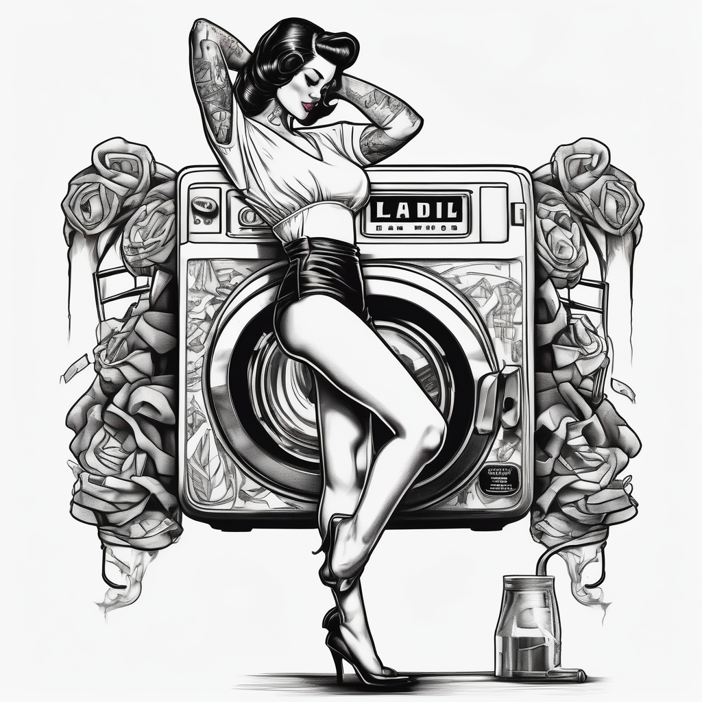 pinup laundry machine rotary-machine, AI-generated Sketch tattoo design