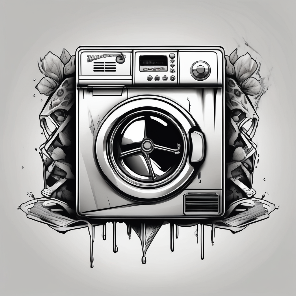 pinup laundry machine rotary-machine, AI-generated Black and White tattoo design