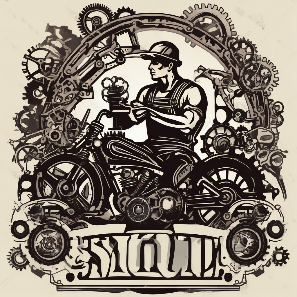 Create a silhouette of a mechanic working on a machine, surrounded by mechanical elements like gears and tools. rotary-machine, AI-generated Old School tattoo design