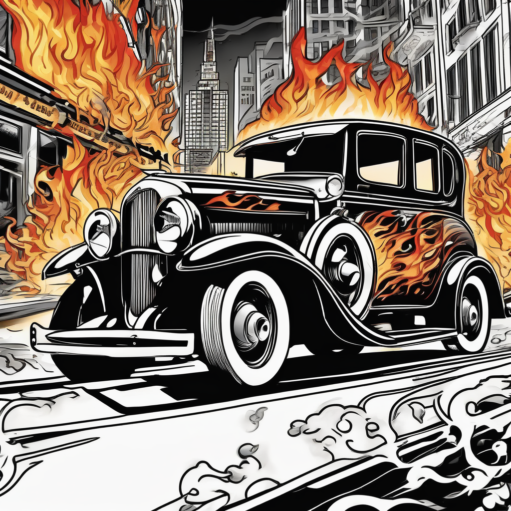 Al Capone style gangsters fighting with machine guns, set with a 1930s city street background, include a 1930's car speeding by , flames and smoke, bullets flying rotary-machine, AI-generated Watercolor tattoo design