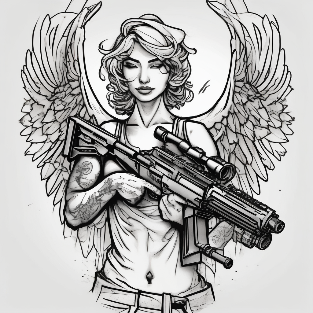 A smiling angel with a machine gun rotary-machine, AI-generated Sketch tattoo design