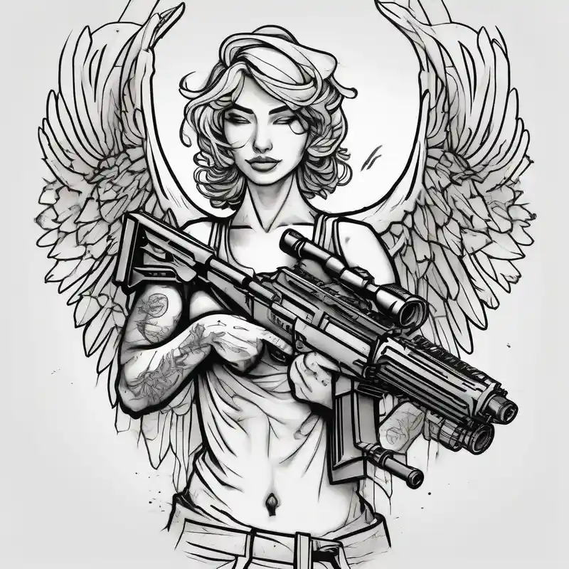 A smiling angel with a machine gun – Sketch, Vibrant color