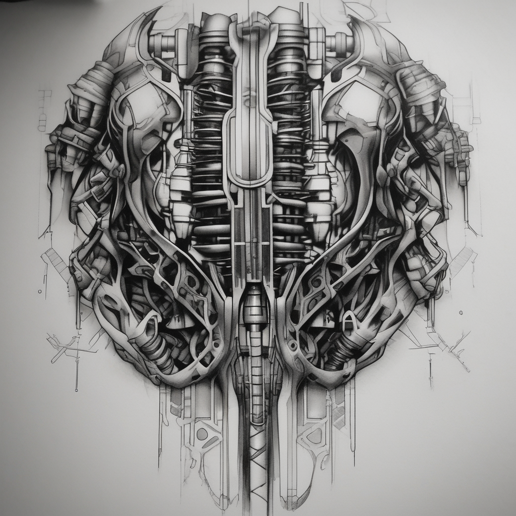 bionic machine architecture electronic design on ribcage rotary-machine, AI-generated Realistic tattoo design