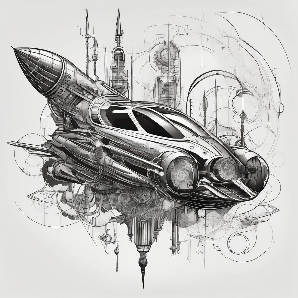 futuristic rocket time machine car rotary-machine, AI-generated Surreal tattoo design
