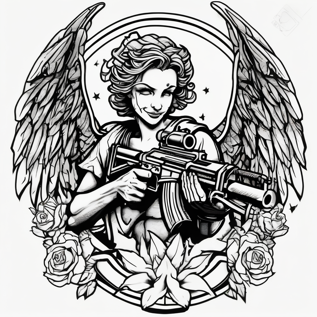 A smiling angel with a machine gun rotary-machine, AI-generated Blackwork tattoo design