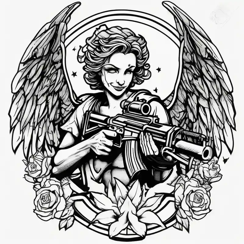 A smiling angel with a machine gun