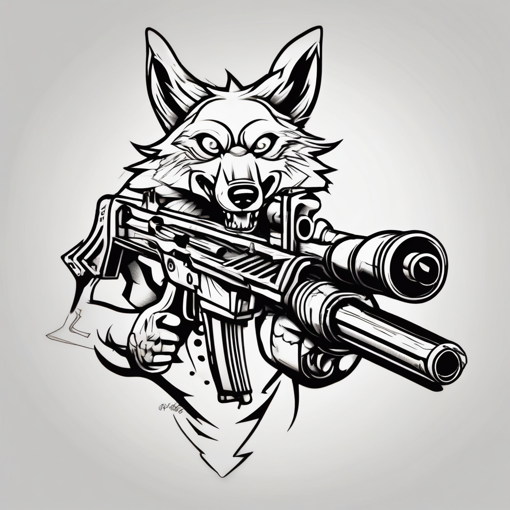 Wolf with machine gun rotary-machine, AI-generated Cartoon tattoo design