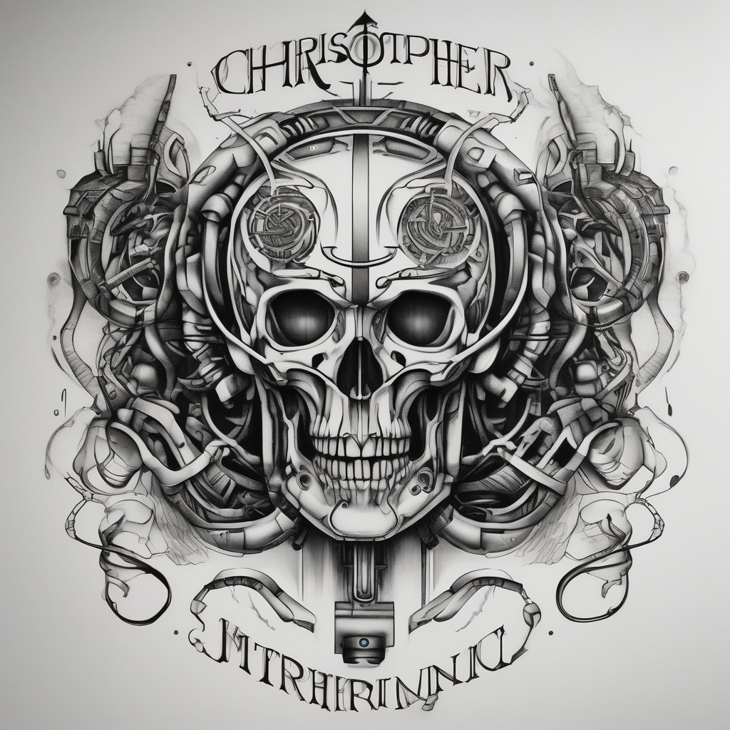 Biomechanic machine with the words Christopher and Caroline rotary-machine(AIが生成したブラックワークスタイルのタトゥーデザイン)