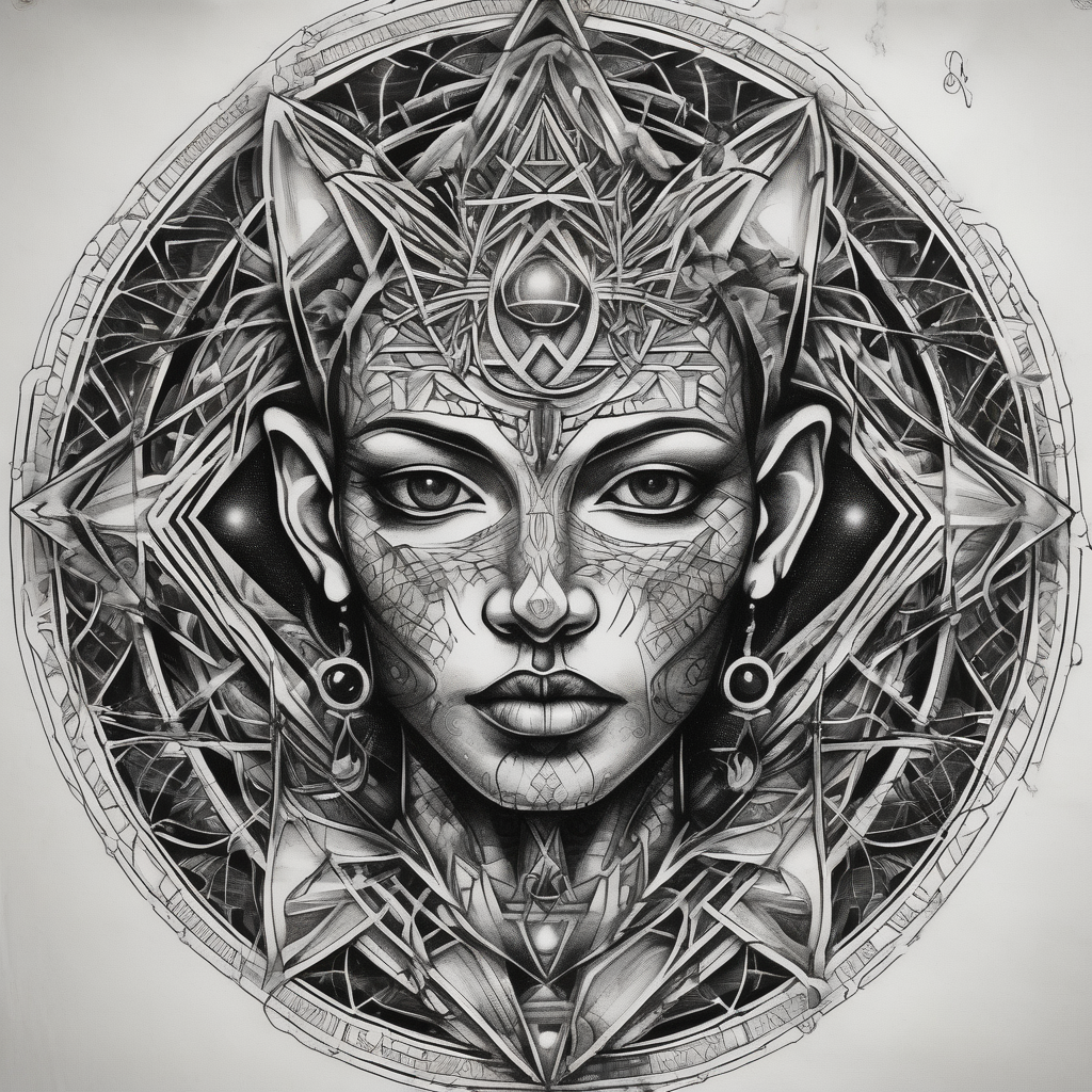 dmt enlightenment deity with sacred geometry behind sacred-art, design de tatouage Noir et blanc généré par IA