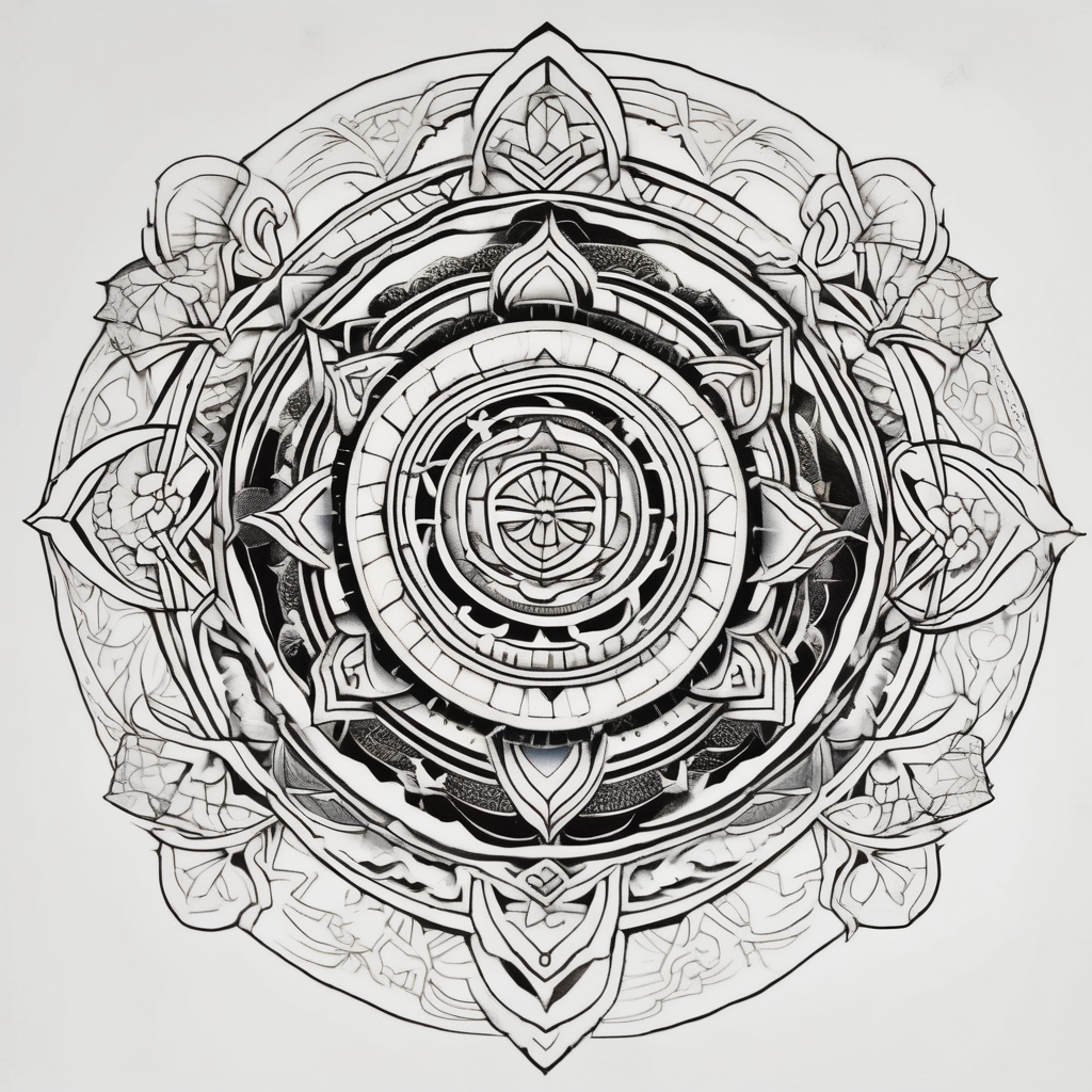 intricate mandala with sacred geometry and cosmic elements sacred-art, design de tatouage Japonais généré par IA