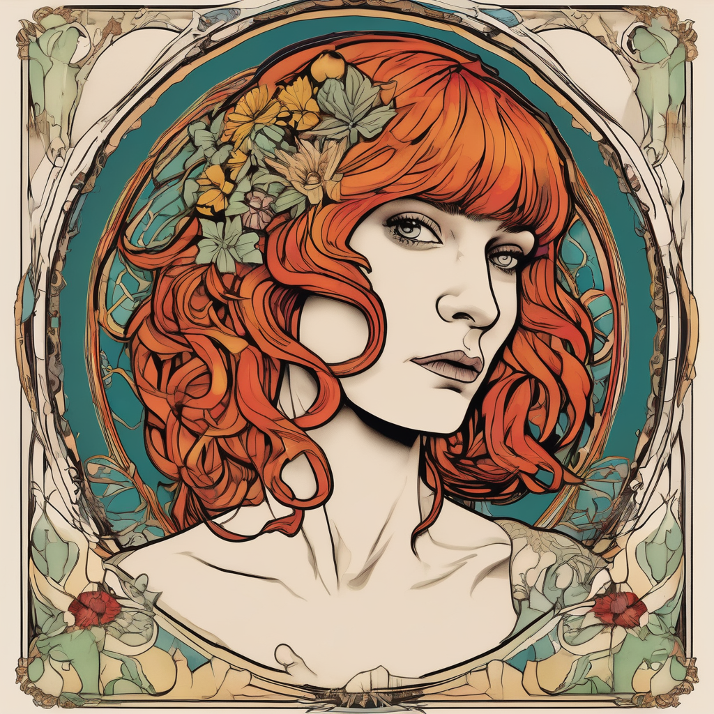 Florence from Florence and the machine as a saint in an art nouveau style similar to her dance fever album cover art sacred-art, AI-generated Cartoon tattoo design