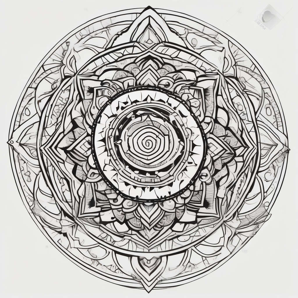intricate mandala with sacred geometry and cosmic elements sacred-art, design de tatouage Cartoon généré par IA