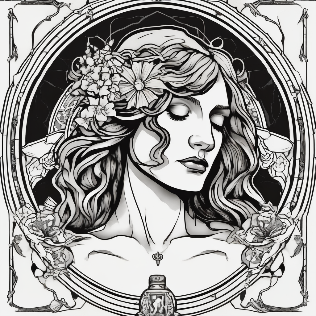 Florence from Florence and the machine as a saint in an art nouveau style similar to her dance fever album cover art sacred-art, AI-generated Black and White tattoo design