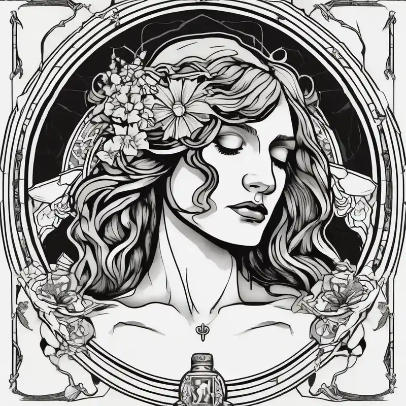 black and white style Wireless Tattoo Machine Tattoo Ideas in 2025 about Florence from Florence and the machine as a saint in an art nouveau style similar to her dance fever album cover art sacred-art and Florence from Florence and the machine as a saint in an art nouveau style similar to her dance fever album cover art sacred-art