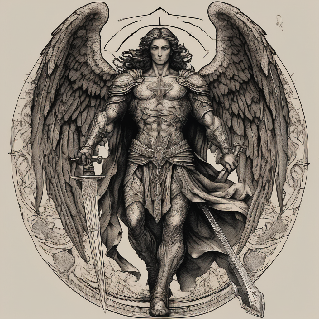 Archangel Michael holding a sword, ready for battle, defeating Lucifer saint-michael(AIが生成したブラックワークスタイルのタトゥーデザイン)