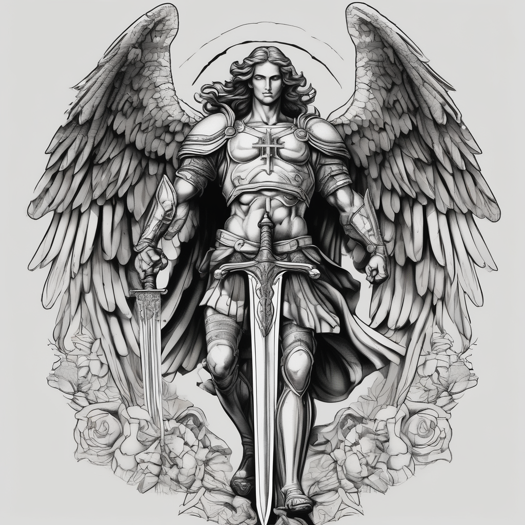 Powerful archangel with a sword, holy, archangel michael saint-michael(AIが生成したブラックワークスタイルのタトゥーデザイン)