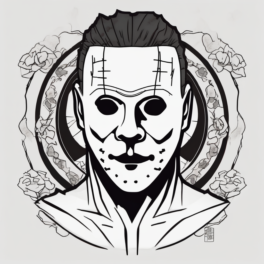 Michael Myers minimalist tattoo saint-michael, design de tatouage Japonais généré par IA