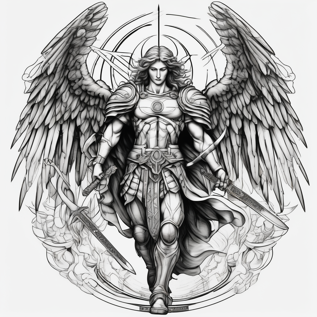 Holy Archangel, Biblical, Christianity, Archangel Michael, Hebrew, Guards of Christianity, Holding a sword, having six wings, seraphim saint-michael(AIが生成したスケッチスタイルのタトゥーデザイン)