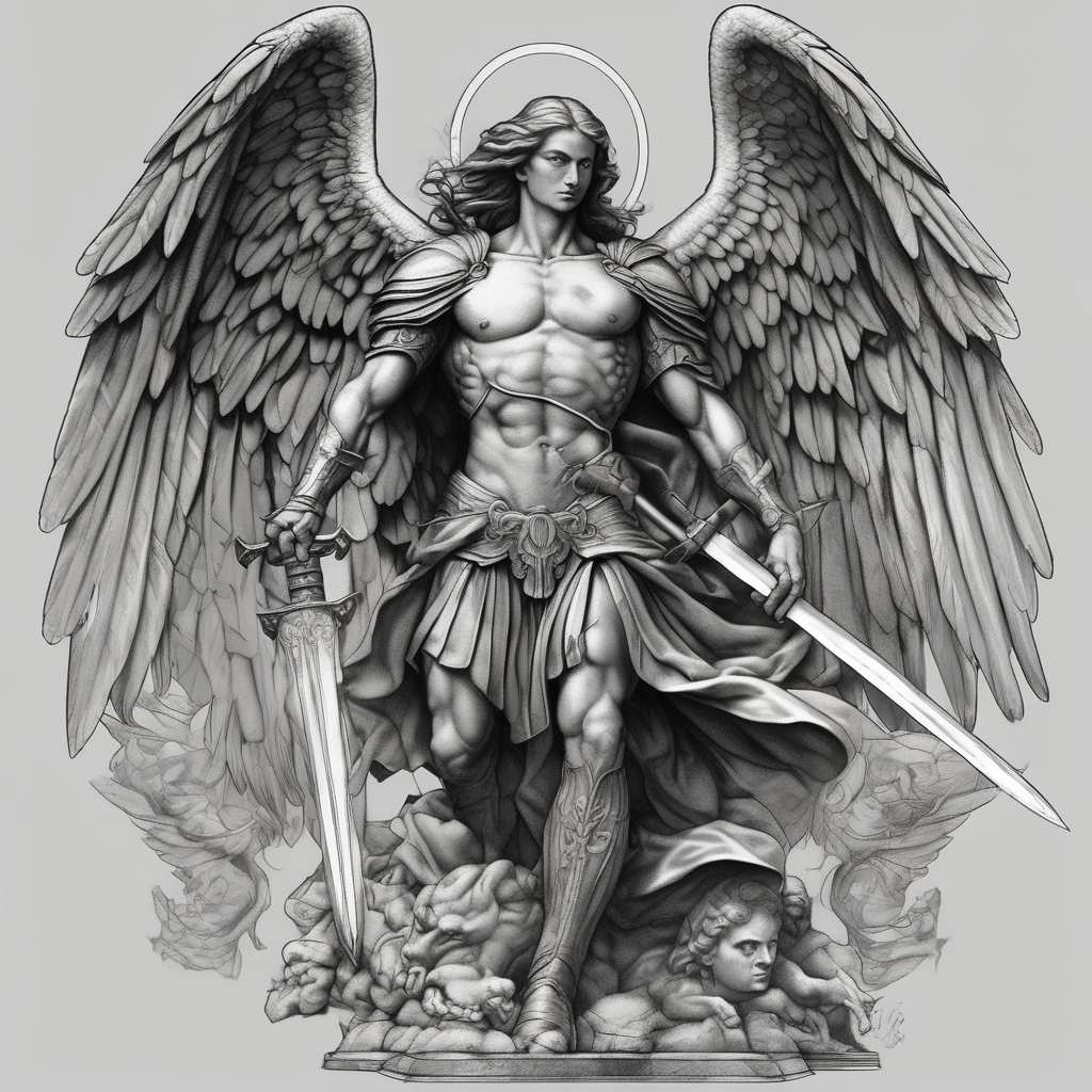 Archangel Michael holding a sword, ready for battle, defeating Lucifer saint-michael(AIが生成したリアリズムスタイルのタトゥーデザイン)