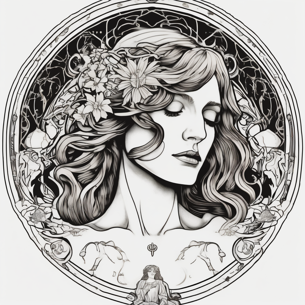 Florence from Florence and the machine as a saint in an art nouveau style similar to her dance fever album cover art saint-michael, AI-generated Surreal tattoo design