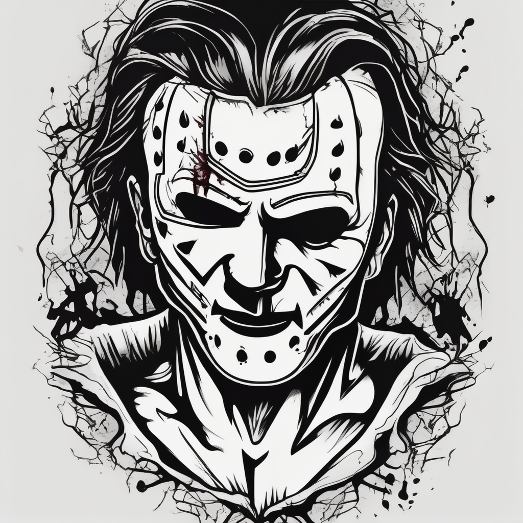 Classic horror, with influence from Michael Myers, Ghost Face, Freddy Krueger, Sweeney Todd and Jason Vorheez saint-michael, diseño de tatuaje Blanco y negro generado con IA