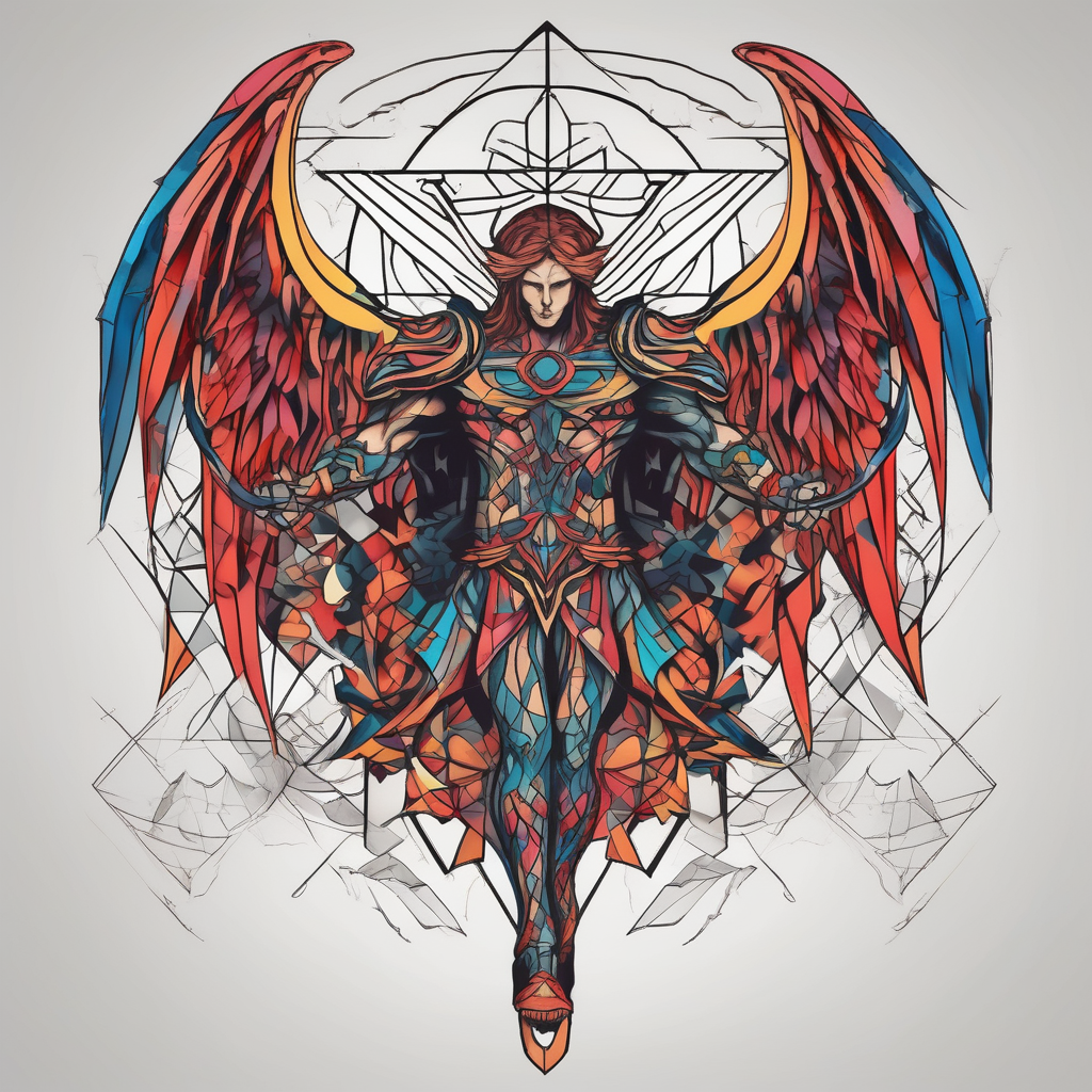 christian religion incorporating aint michael slaying Lucifer saint-michael, AI-generated Geometric tattoo design