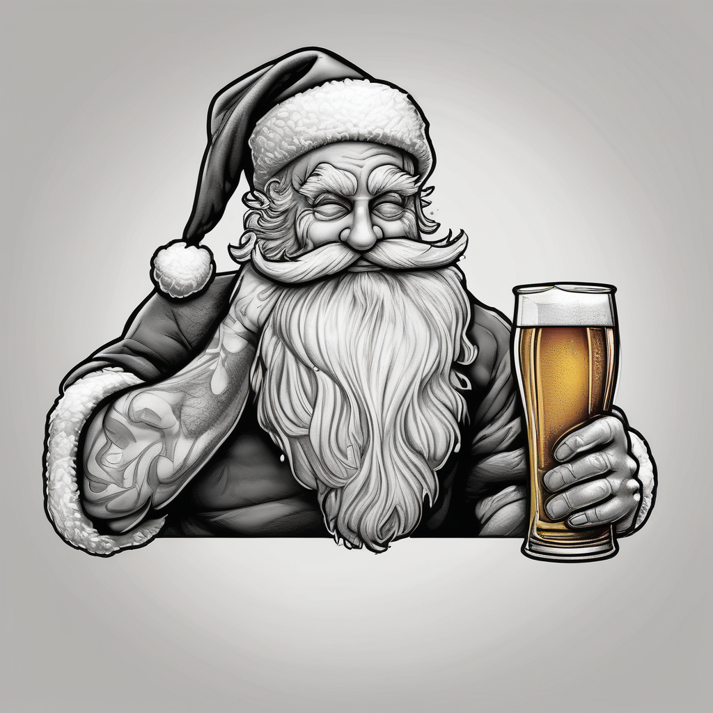 SANTA DRINKING A LARGE PINT OF BEER santa-muerte, AI-generated Realistic tattoo design