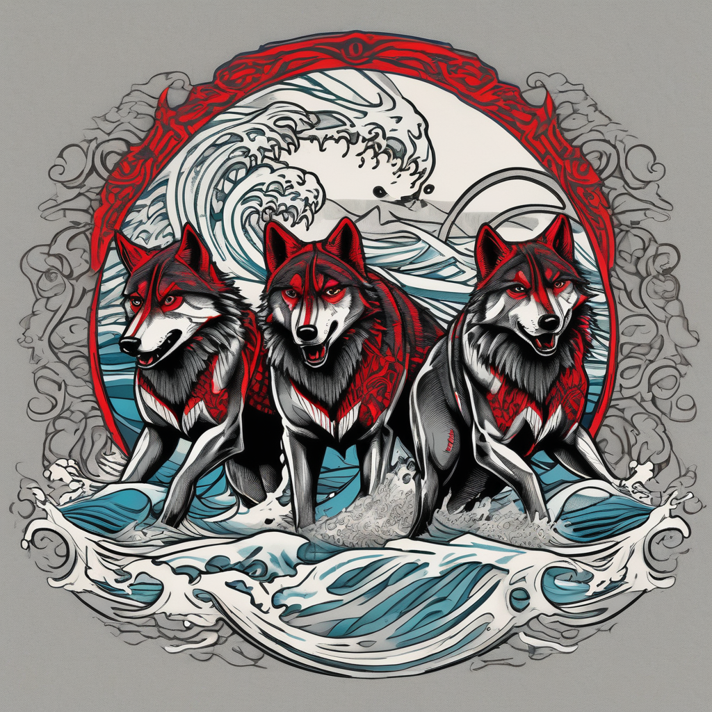 a pack of 3 howling muscular gray wolves surfing waves with a linear background with red, white and black and gray including the word Howler in an aggressive script font, AI-generated Dotwork tattoo design