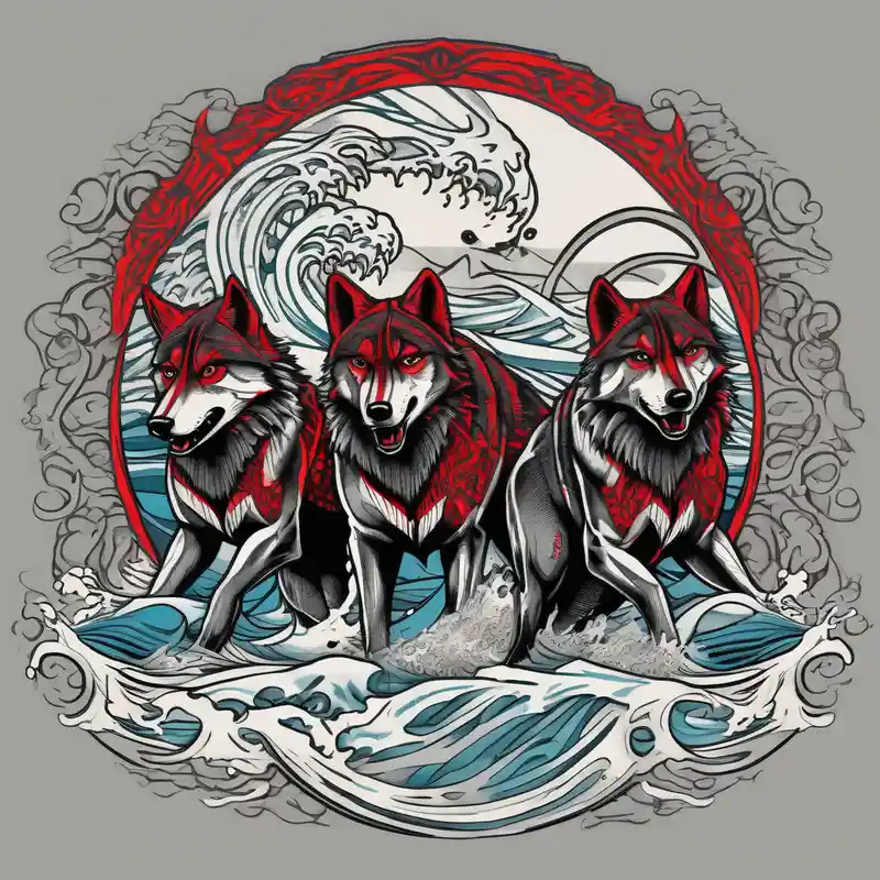 a pack of 3 howling muscular gray wolves surfing waves with a linear background with red, white and black and gray including