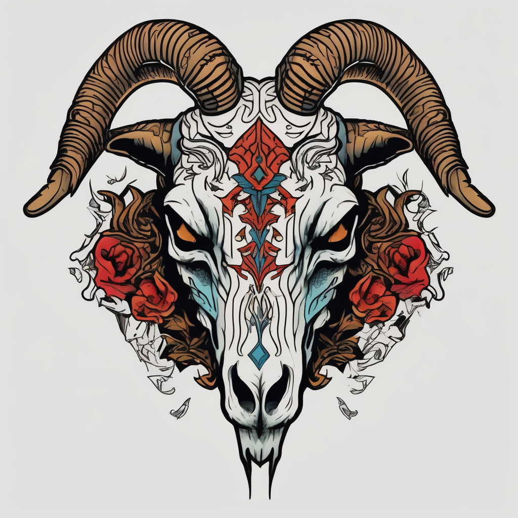Goat skull, angry and the script never stop fighting(AIが生成したオールドスクールスタイルのタトゥーデザイン)