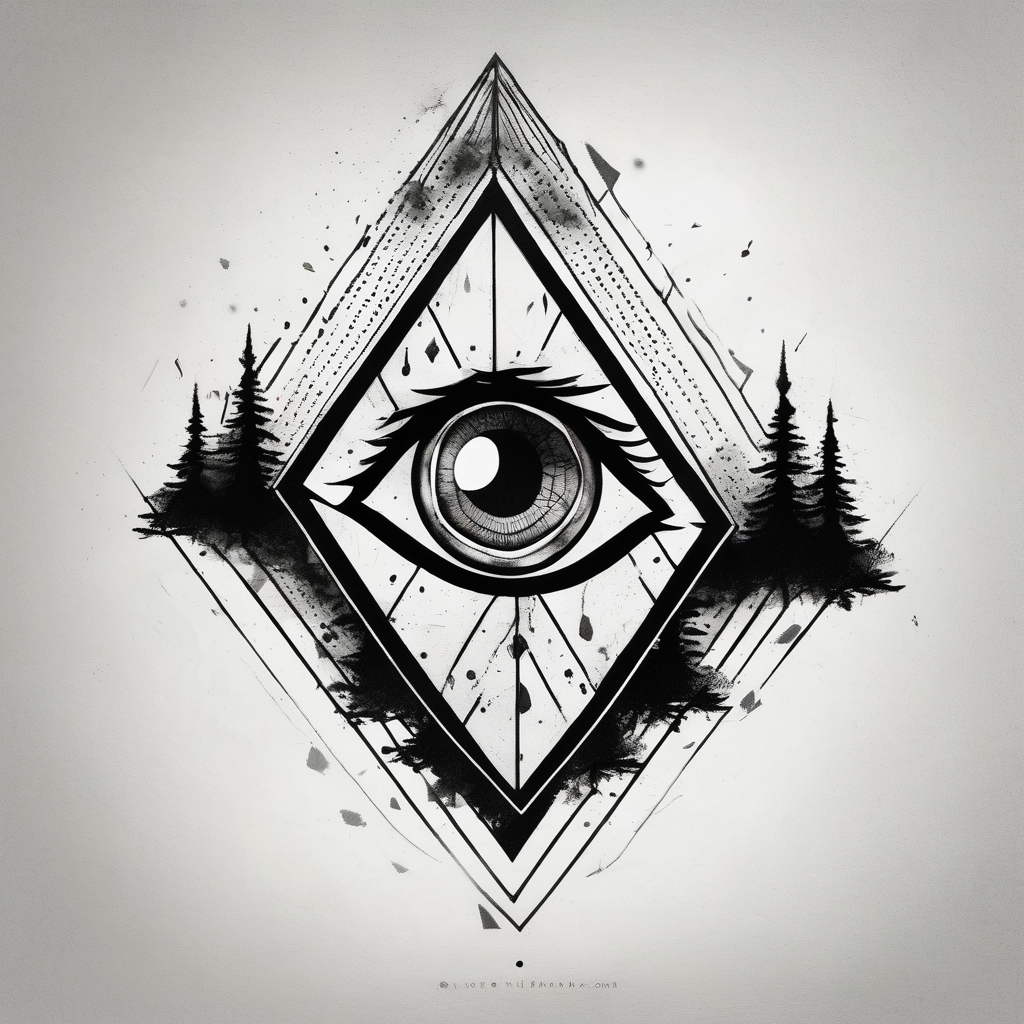 Pine trees with script. Add an eye inside of a diamond shape with dot work lines coming out from the eye. Add a planet.(AIが生成した水彩スタイルのタトゥーデザイン)