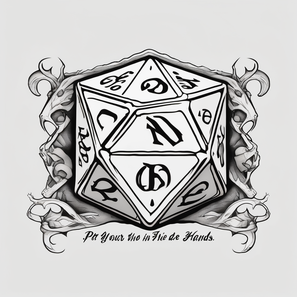 Dungeons and dragon dice set with "Put your fate in your hands. Take a chance. Roll the dice" in script(AIが生成したブラックワークスタイルのタトゥーデザイン)