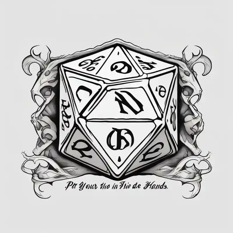 Dungeons and dragon dice set with "Put your fate in your hands. Take a chance. Roll the dice" in script – ブラックワーク, 白黒