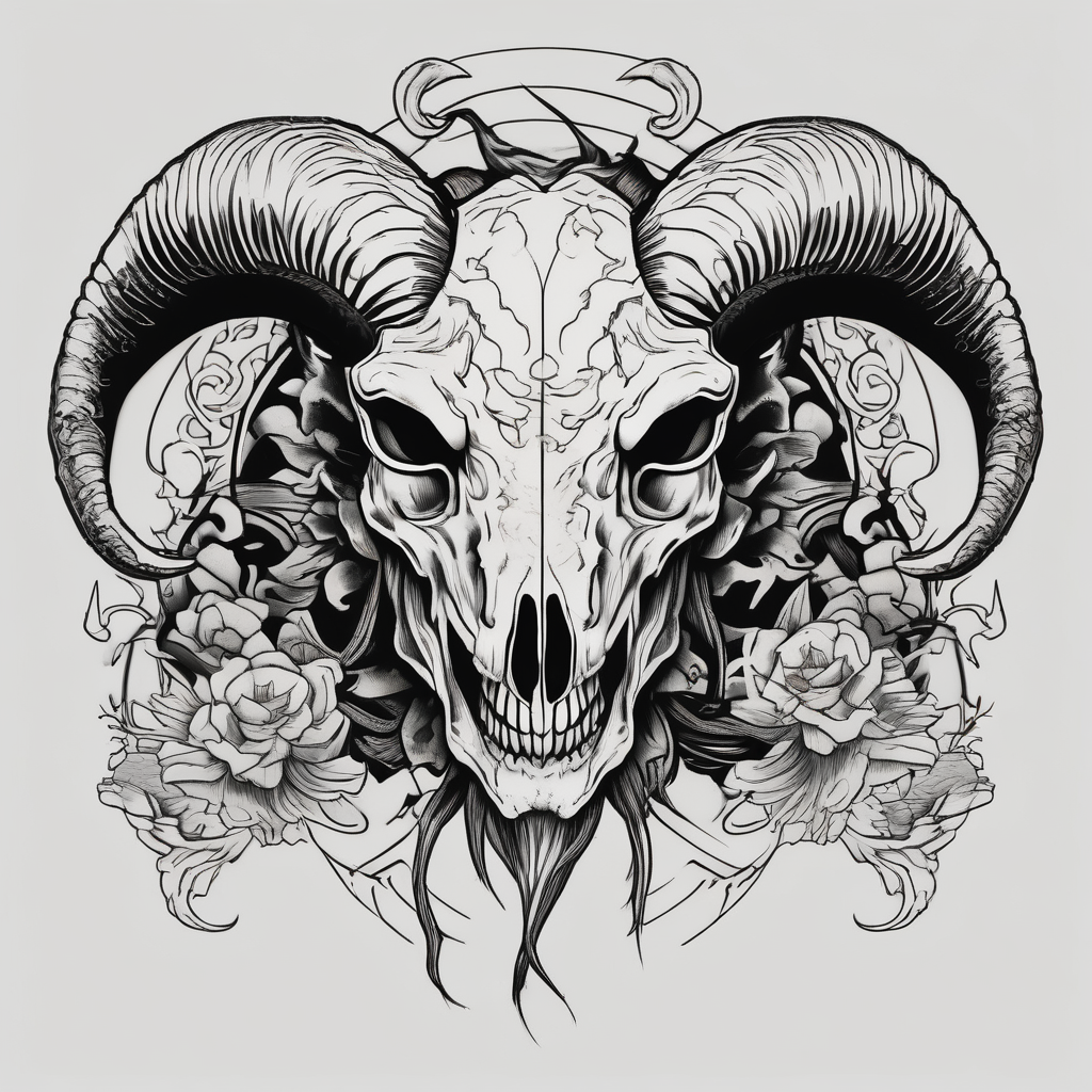 Goat skull, angry and the script never stop fighting(AIが生成した和彫りスタイルのタトゥーデザイン)