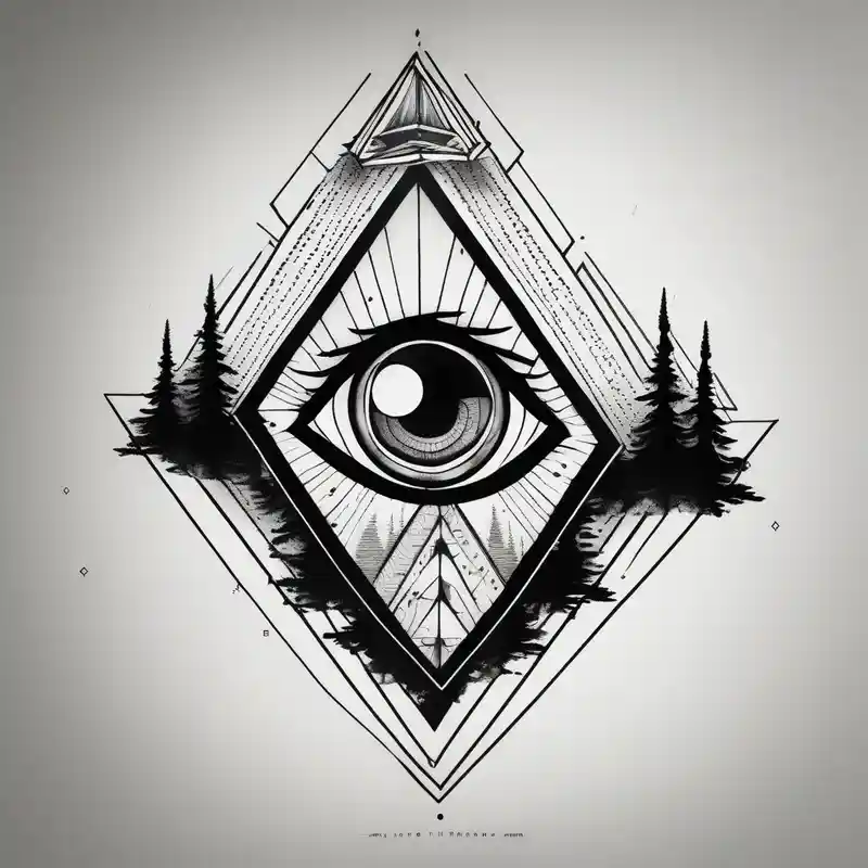 black and white style Script Tattoo Designs and Styles about Pine trees with script. Add an eye inside of a diamond shape with dot work lines coming out from the eye. Add a planet. and Pine trees with script. Add an eye inside of a diamond shape with dot work lines coming out from the eye. Add a planet.