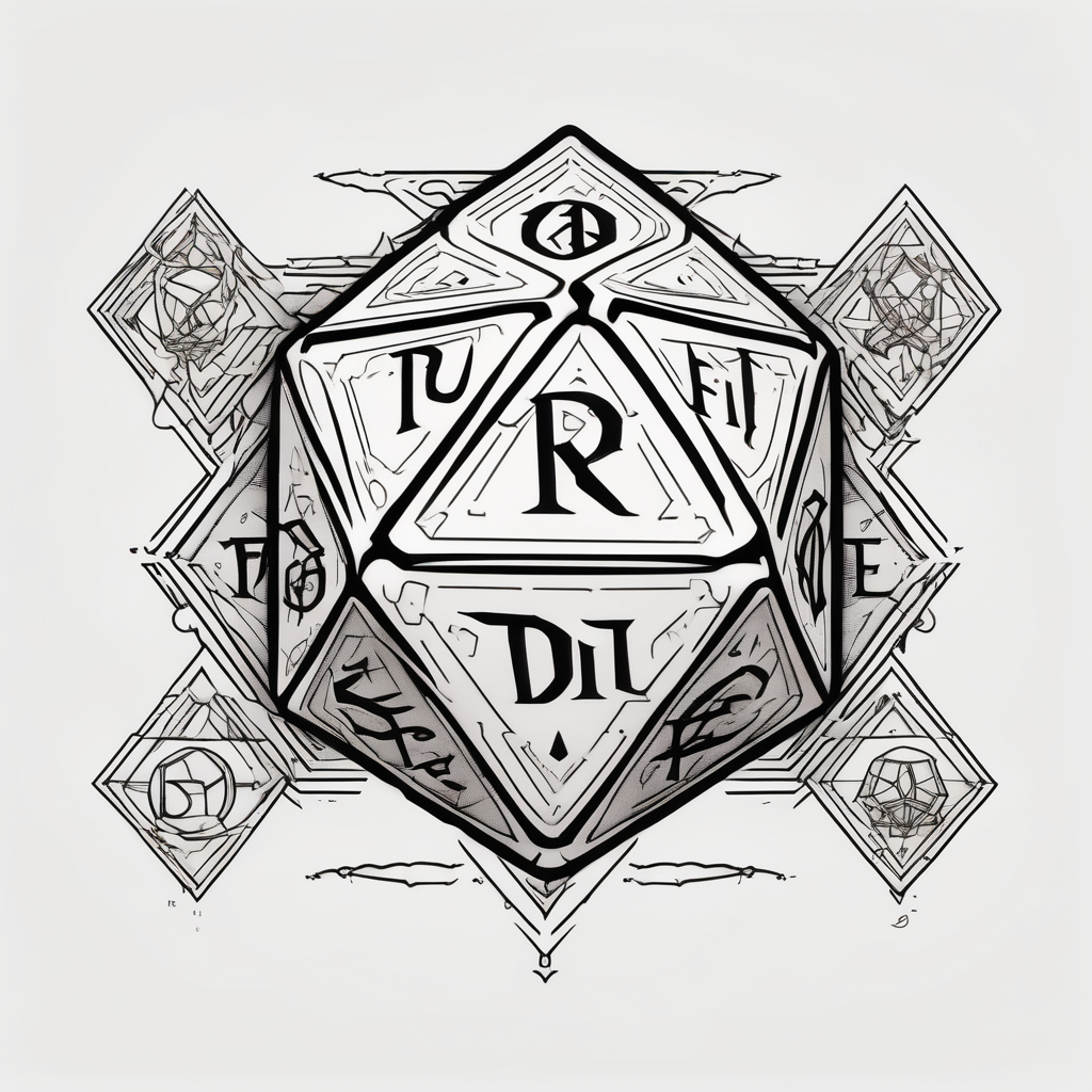 Dungeons and dragon dice set with "Put your fate in your hands. Take a chance. Roll the dice" in script(AIが生成したジオメトリックスタイルのタトゥーデザイン)