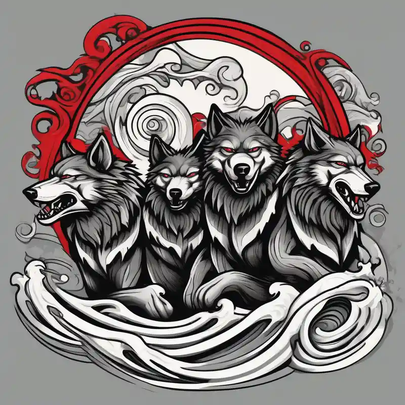 a pack of 3 howling muscular gray wolves surfing waves with a linear background with red, white and black and gray including
