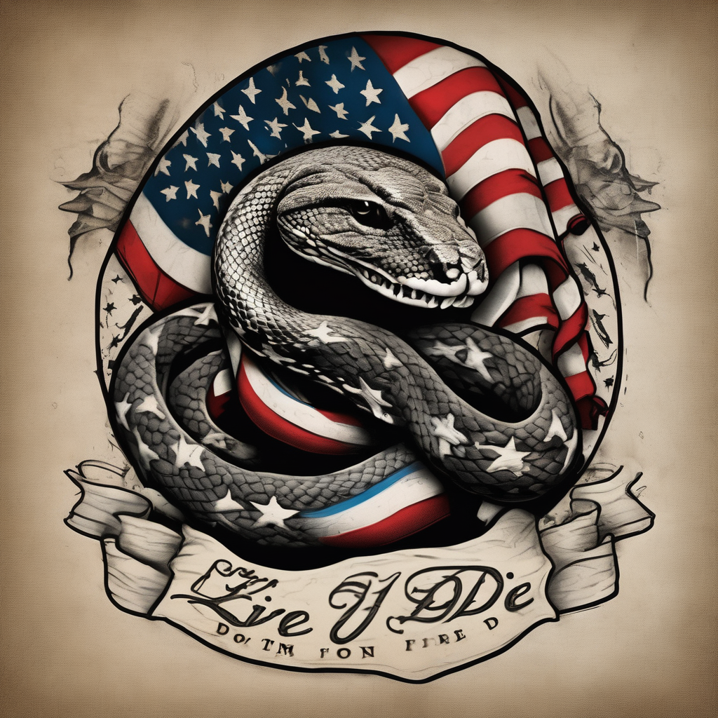 Worn American flag, snake image from 1776 flag don’t tread on me, top word: Don’t Tread on Me bottom words: Live Free or Die Use the script from the declaration of independence style.(AIが生成した水彩スタイルのタトゥーデザイン)