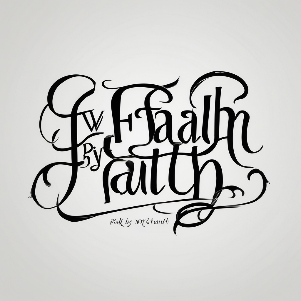 “walk by faith, not by sight” with an elegant script font. Integrate a subtle stairwell wrapping around the quote. This design captures the essence of the journey guided by faith.(AIが生成した白黒スタイルのタトゥーデザイン)