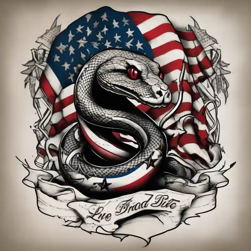 Worn American flag, snake image from 1776 flag don’t tread on me, top word: Don’t Tread on Me bottom words: Live Free or Die – モノクロ, カラフル