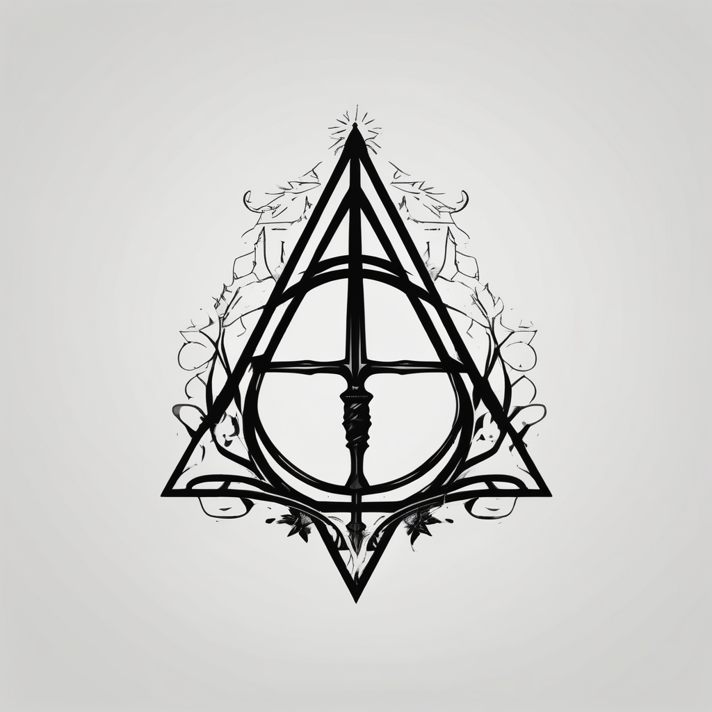 deathly hallows symbol from harry potter with a sword in the middle shadowless-sword-ed-monk-character(AIが生成したミニマルスタイルのタトゥーデザイン)