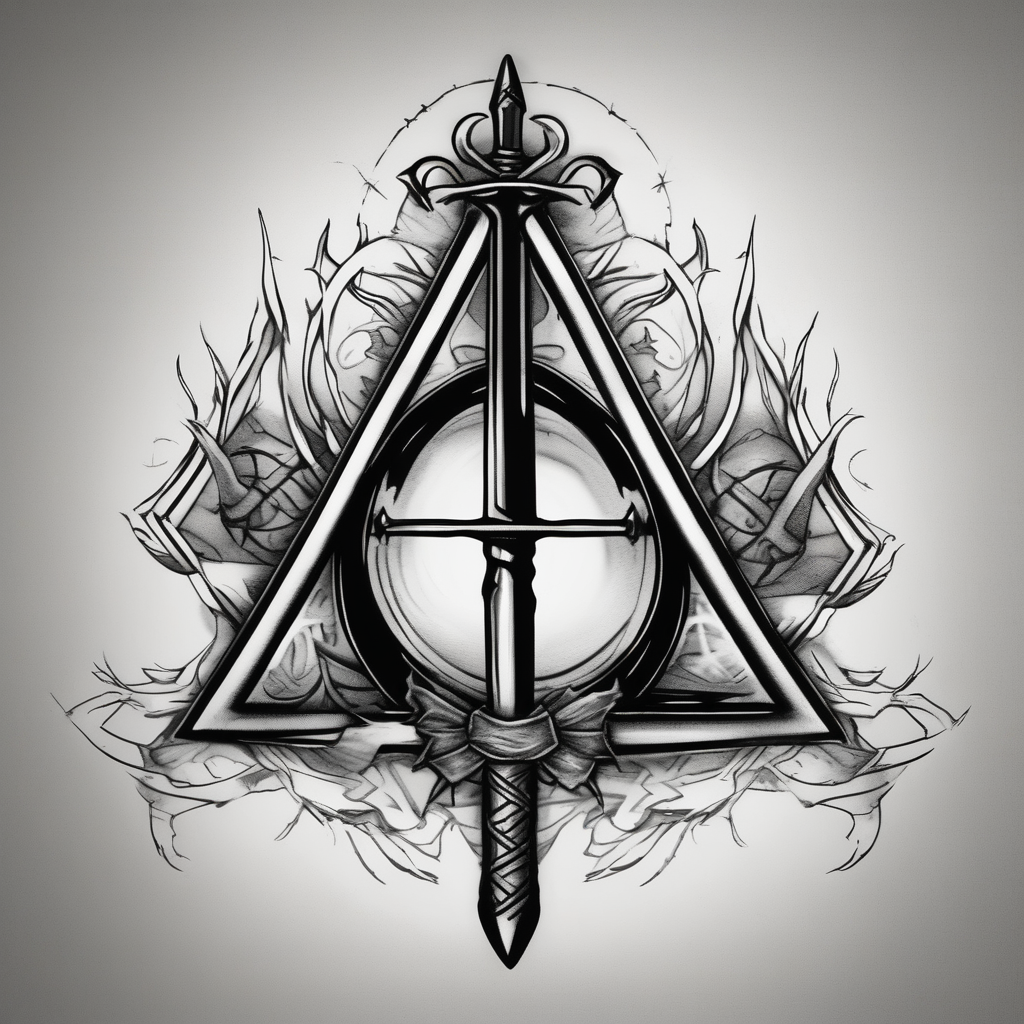 deathly hallows symbol from harry potter with the gryffindor sword in the middle shadowless-sword-ed-monk-character(AIが生成した白黒スタイルのタトゥーデザイン)