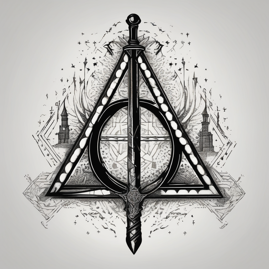 deathly hallows symbol from harry potter with the gryffindor sword in the middle shadowless-sword-ed-monk-character(AIが生成したドットワークスタイルのタトゥーデザイン)