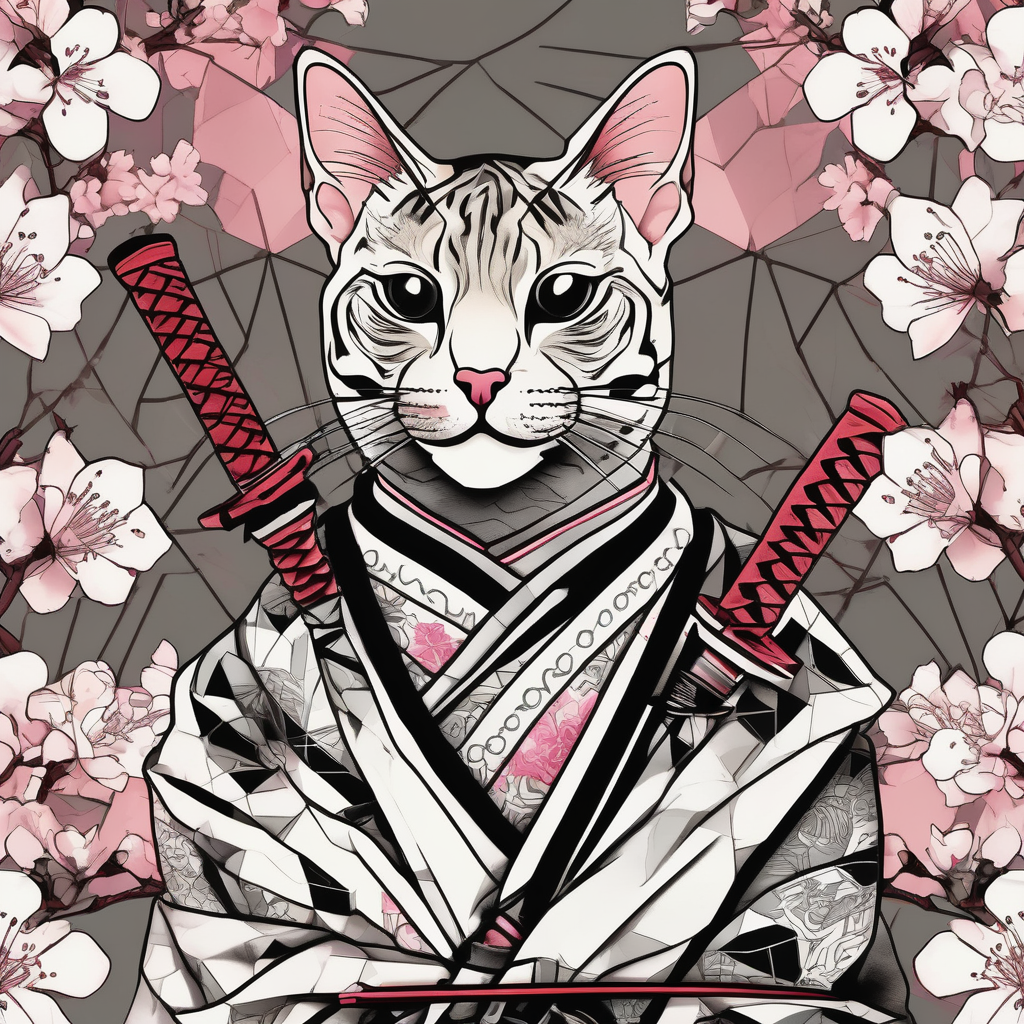A bengal cat with a missing left eye , dressed as a Japanese samurai with katana swords and surrounded by cherry blossoms shadowless-sword-ed-monk-character(AIが生成したジオメトリックスタイルのタトゥーデザイン)