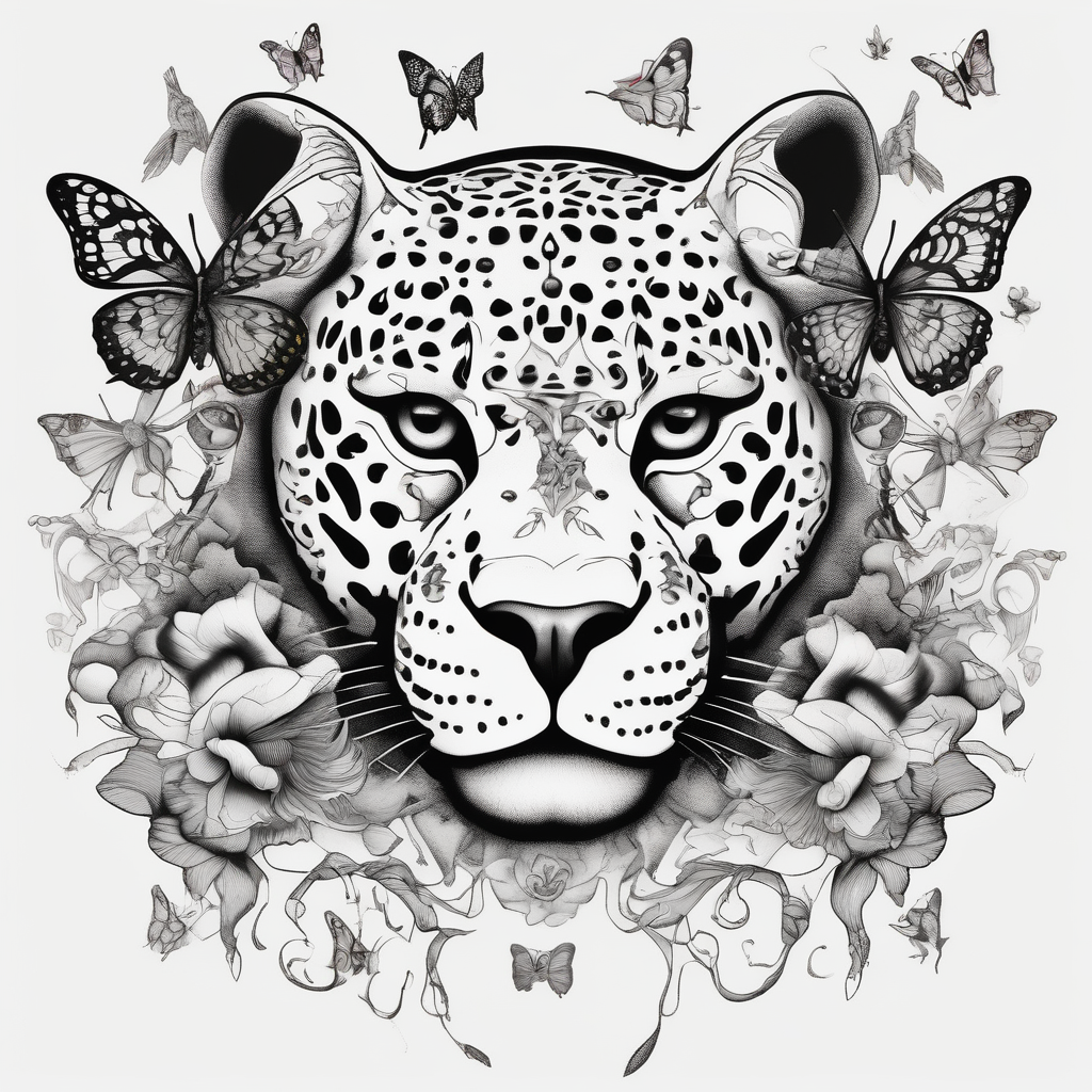 head of 3 jaguars (1 mother and 2 cubs) surrounded by butterflies and hummingbirds in new old school style simple-butterfly, design de tatouage Surréaliste généré par IA