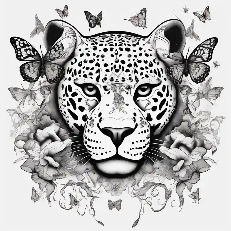 head of 3 jaguars (1 mother and 2 cubs) surrounded by butterflies and hummingbirds in new old school style – Surréaliste, Couleurs vives