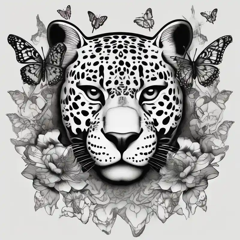 head of 3 jaguars (1 mother and 2 cubs) surrounded by butterflies and hummingbirds in new old school style